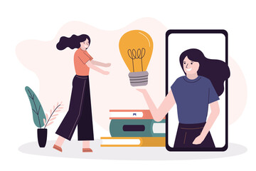 Fototapeta premium Woman offers student idea of online learning. Female character holding big light bulb