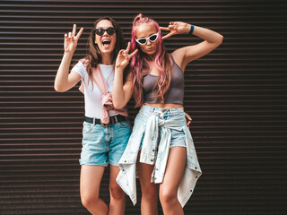 Two young beautiful smiling hipster female in trendy summer clothes.Sexy carefree women posing in the street near roller shutter wall with pink hair. Positive pure models having fun.Cheerful and happy