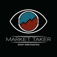 Logo for investment company. Flat logo of a glaring eye with colored lines depicting a &lsquo;bullish&rsquo; line chart, with &lsquo;Market Taker&rsquo; logo text below and &lsquo;Short Term Investing&rsquo; as tagline lower.EPS8 file.
