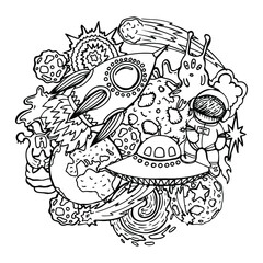 Cheerful vector hand drawn illustration about the adventures of an astronaut and aliens in space. Planets and spaceships with stars and galaxies in coloring book page