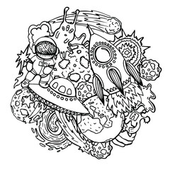 Cheerful vector hand drawn illustration about the adventures of an astronaut and aliens in space. Planets and spaceships with stars and galaxies in coloring book page