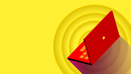 Layout of an open red laptop on a bright yellow background with circles and text space. Vector illustration for website, marketing material or online advertising.