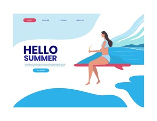 welcome summer, girl with a surfboard