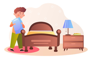 Kids doing housework chores at home, boy ready for bed, deep dream preparation, daytime or night sleep. Flat cartoon vector illustration concept realism design style isolated on white background.