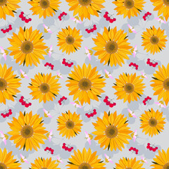 Orange sunflowers with flowers and berries on a gray background. Retro seamless background with sunflowers. For fabric, wrapping paper, cover.