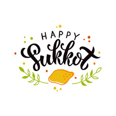Happy Sukkot handwritten text on white background for Jewish traditional holiday. Modern brush calligraphy with illustration of Etrog (citron), arava (willow), hadas(myrtle). Vector illustration
