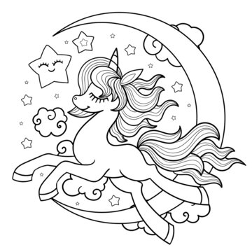 Unicorn with moon and star. Black and white line image. Designed for coloring books, prints, posters, postcards, stickers, tattoos, etc. Vector