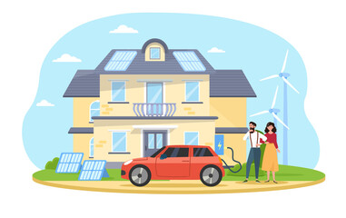 Obraz premium Smart house, green house, clean electric energy from renewable sources sun and wind charging electric car, eco lifestyle. Flat cartoon vector illustration concept design isolated on white background