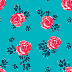 Seamless pattern with spring leaves and flowers. Roses in bloom. Watercolor hand drawn illustration.