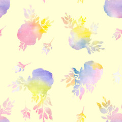 Fototapeta na wymiar Seamless pattern with spring leaves and flowers. Roses in bloom. Watercolor hand drawn illustration.