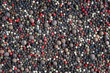 Background of backdrop of mix variety of pepper including red, black and white used as a spice and seasoning for food enhancing its flavour and also used in medicinal and beauty products. Horizontal