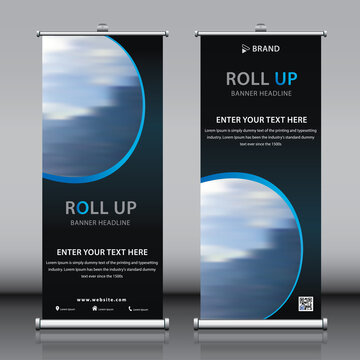 Roll up vertical business banner design template with blue black color concept