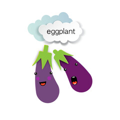 two cute eggplants and clouds using paper cut technique.