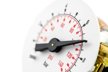 A macro photo of a pressure gauge scale to 10 BAR showing a pressure of 7 BAR, selective depth of field, isolated on a white background.