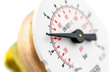 A macro photo of a pressure gauge scale to 10 BAR showing a pressure of 3 BAR, selective depth of...