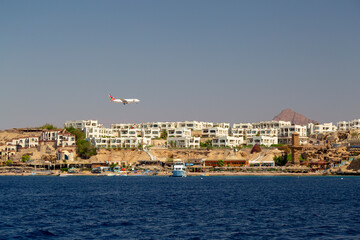 Obraz premium Egypt Sharm el Sheikh - July 23, 2021. Panorama from the sea. View of the city.