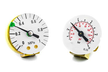 Macro photo of a scale of two pressure gauges to 10 BAR showing a pressure of 3 BAR, isolated on a white background.