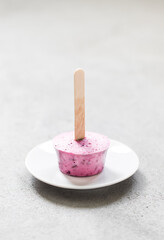 Black currant ice cream on a wooden stick on a ceramic plate on a light background
