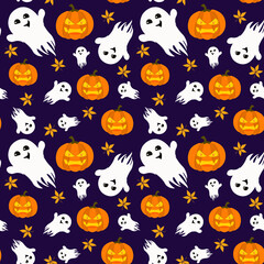 vector pattern on the theme of Halloween. Angry pumpkin with autumn leaves and ghosts on a dark purple background