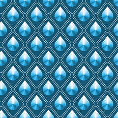 Geometric seamless pattern of blue water drops or diamonds. Shining jewellery stones, drop shape, clear water