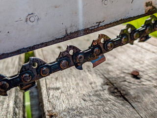 metal chain of chainsaw close up
