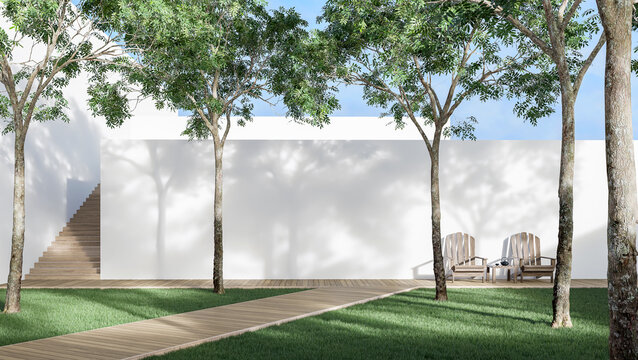 Minimal style garden with wooden walk way 3d render There is a blank white wall. Green lawn, big trees provide shade.