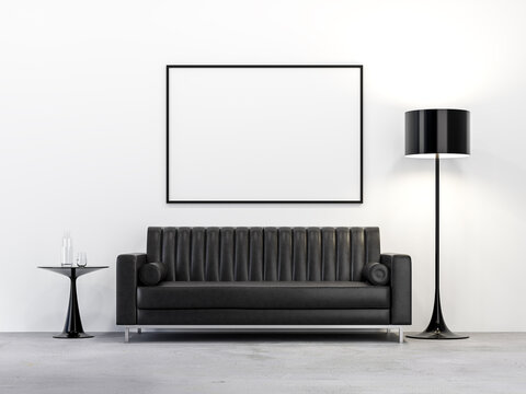 Minimalist loft style living room with blank picture frame 3d render,white wall, concrete floor, decorated with leather sofa and minimal style black glossy lamp