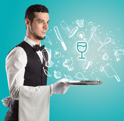 Waiter holding silver tray with food icons above