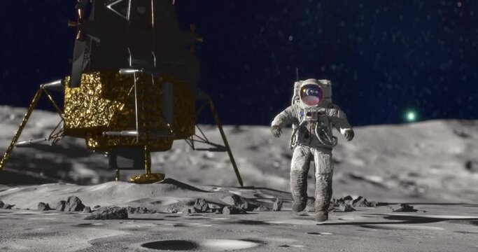 Landing on The Moon. An astronaut in space suit walking on Moon surface, watching planet Earth and stars of MIlky Way galaxy on background, Lunar module after landing based behind, Apollo Mission huma