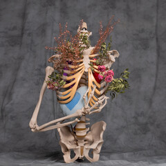 human skeleton on a gray background with flowers inside,