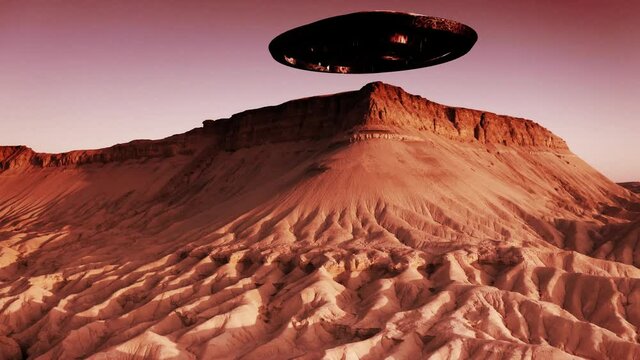 Flying Sacuer Ufo landing on Mras planet mountain, aerial
drone view from mars surface mountains
