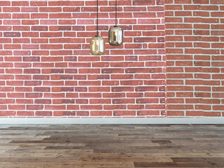 empty house interior design and lamp on red stone brick wall. 3D illustration