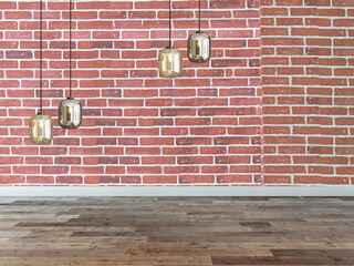 empty house interior design and lamp on red stone brick wall. 3D illustration