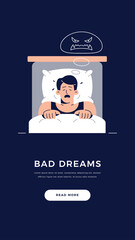Nightmares in Adults banner. Frightened man character has a bad dream, is scared of monster from nightmare. Sleeping disorder, bad dream, adult nightmares concept for web.Flat vector illustration
