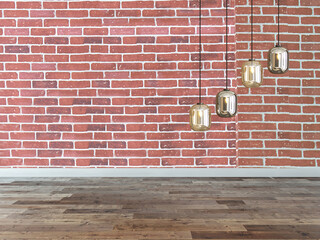 empty house interior design and lamp on red stone brick wall. 3D illustration