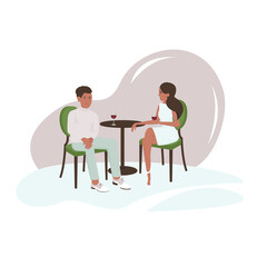 Romantic evening for a woman and a man. Vector illustration of dating characters. People are sitting at a table in a cafe, drinking wine and talking.