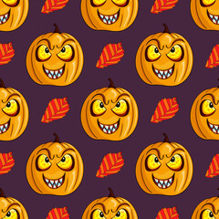 Seamless pattern with vector scary Halloween pumpkin