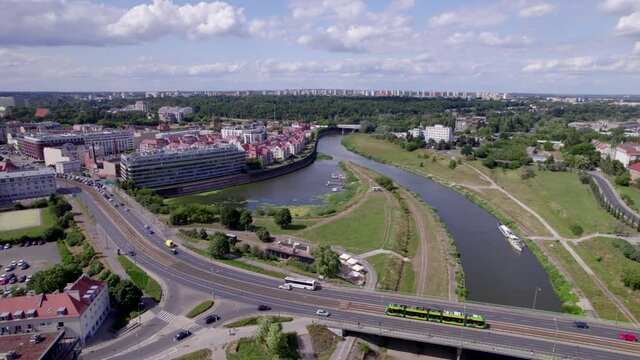 Poznan, Polish city during the day. The sun, the old town, the streets of Poznań, the Warta River and bridges over the river.