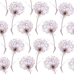 Boho flowers watercolor seamless paper for fabric, Dandelion Floral repeat pattern, Beige and purple floral rustic background