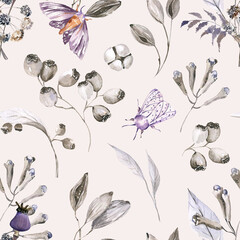 Moths and Boho flowers watercolor seamless paper for fabric, Dried Floral repeat pattern, Beige and purple floral rustic background