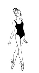 ink illustration of a ballerina with her hair in a bun, in a black leotard on pointe shoes