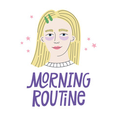 Every day skin care routine. Pretty girl with eye patches. Skin care concept. Cleansing, moisturizing, treating. Hand drawn vector illustration. Cartoon style. Morning routine concept.