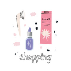 Set of various cosmetics. Essence, serum, brush. Make up and skin care concept. Vector illustration. Beauty shopping.