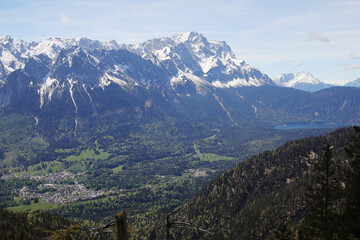 Fototapeta na wymiar View from Kramerspitz mountain to Zugspitze and Eibsee, Upper Bavaria, Germany