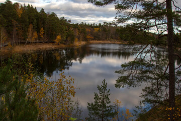 Fototapeta na wymiar Lake and autumn forest at sunset