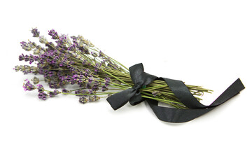 Bouquet of fragrant lavender tied with a ribbon isolated on white background.