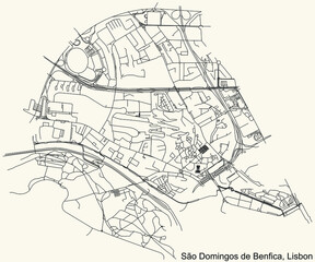 Black simple detailed street roads map on vintage beige background of the quarter São Domingos de Benfica civil parish of Lisbon, Portugal