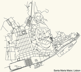 Black simple detailed street roads map on vintage beige background of the quarter Santa Maria Maior civil parish of Lisbon, Portugal