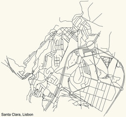 Black simple detailed street roads map on vintage beige background of the quarter Santa Clara civil parish of Lisbon, Portugal