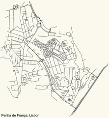 Black simple detailed street roads map on vintage beige background of the quarter Penha de França civil parish of Lisbon, Portugal